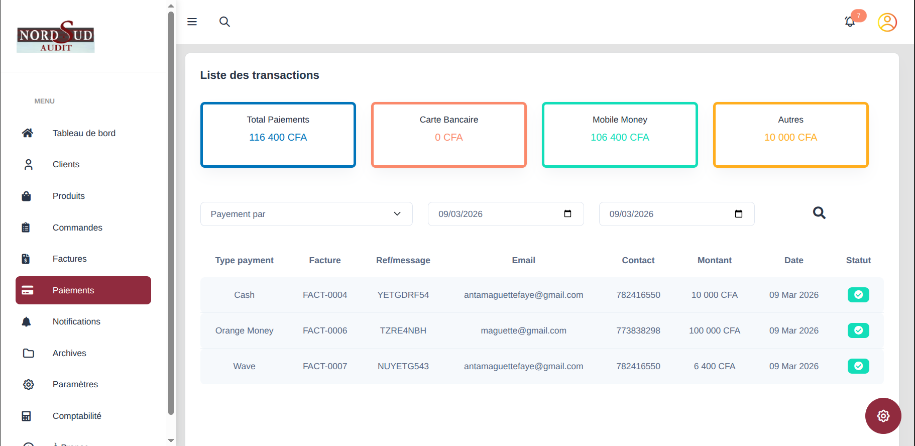 Suivi des paiements Invocia